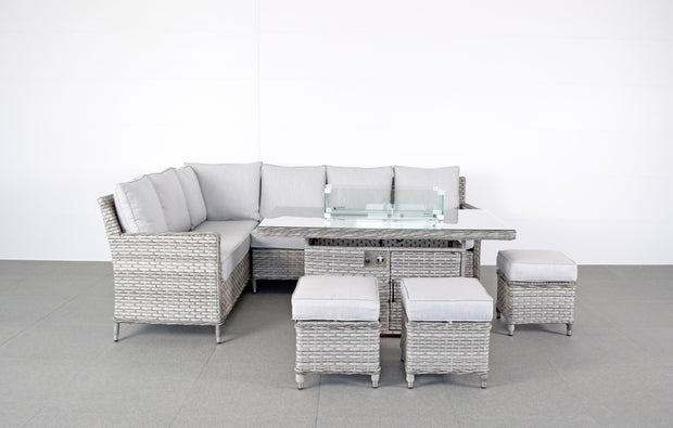 Edwina Corner Dining Set in 3-Wicker Special Grey Weave with Gas Firepit