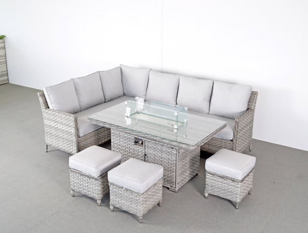 Edwina Corner Dining Set in 3-Wicker Special Grey Weave with Gas Firepit