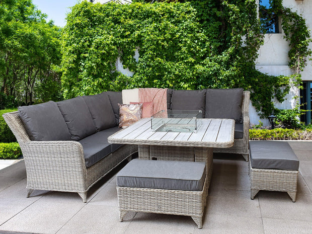 Meghan Corner Sofa Dining Set In Grey With Firepit - Now In Stock - Kubek Furniture