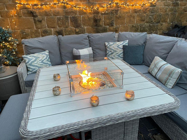 Meghan Corner Sofa Dining Set In Grey With Firepit - Now In Stock - Kubek Furniture