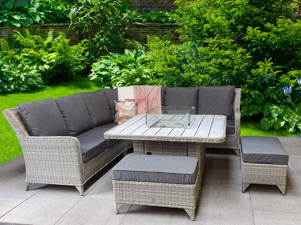 Meghan Corner Sofa Dining Set In Grey With Firepit - Now In Stock - Kubek Furniture